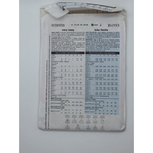 Butterick Sewing Pattern B4593 Girls 6 Above Knee A-Line Skirts Size 7 8 10 2005 - Picture 4 of 5